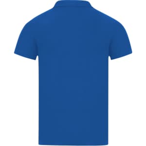 A blue adult polo shirt featuring a collar and short sleeves, with a logo on the back.
