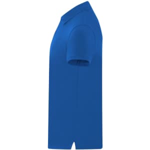 A blue adult polo shirt displayed from the side, featuring a collar and short sleeves, with a small logo.