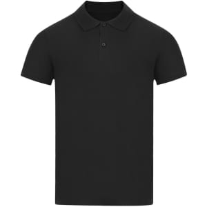 A black adult polo shirt with a classic collar, short sleeves, and a buttoned placket. Features a logo.