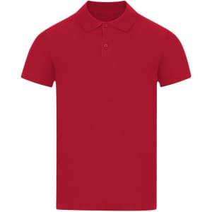 A red adult polo shirt with a collared neckline and short sleeves, featuring a button placket and a logo.