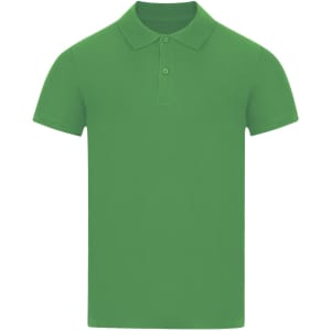 A green polo shirt with a collar and short sleeves, featuring a logo.