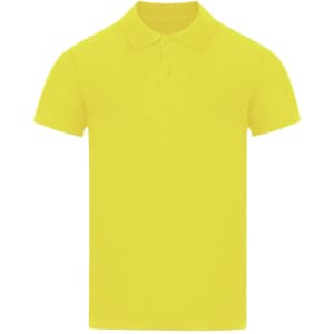 A yellow polo shirt with a collar and short sleeves, featuring a logo.