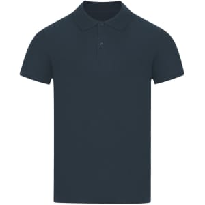 A navy blue adult polo shirt with a collar and two-button placket, featuring a logo on the chest.