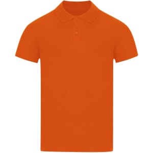 An orange adult polo shirt featuring a classic collar and three buttons, with a logo present.