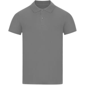 A grey adult polo shirt with a classic collar and three buttons, featuring a logo on the chest.