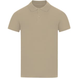 A beige adult polo shirt with a classic collar, short sleeves, and a button placket. It features a logo.