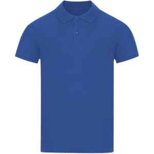 A blue polo shirt with a collar and short sleeves, featuring a branded logo.