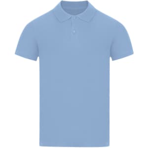A light blue adult polo shirt featuring a collar and short sleeves, with a logo on the front.