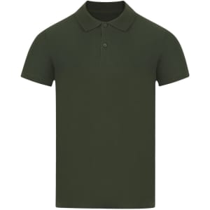 A dark green polo shirt with a collar and three buttons, featuring a small logo.
