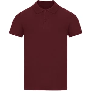 A maroon polo shirt featuring a classic collar and short sleeves, with a logo visible.