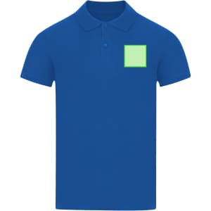 A blue adult polo shirt featuring a square area for branding on the front.