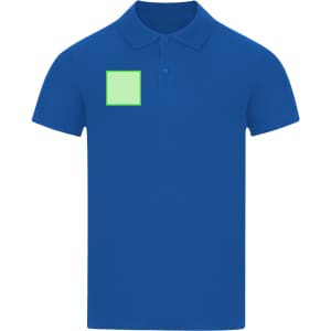 A blue polo shirt featuring a collar and a logo area on the chest.
