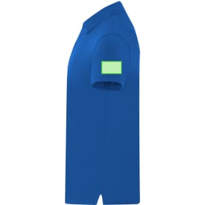 A blue polo shirt with a short sleeve and a logo on the sleeve.