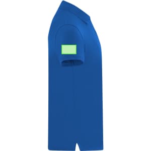 A blue adult polo shirt featuring a short sleeve and a logo on the arm.