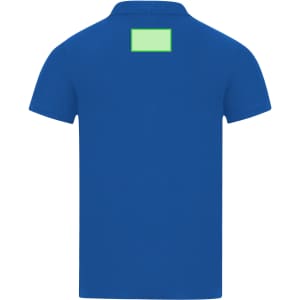 A blue polo shirt featuring a back design space and a logo. Ideal for casual wear or branding.