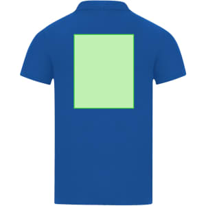 A blue polo shirt featuring a square section in a light green colour on the back. The shirt has a branding logo.