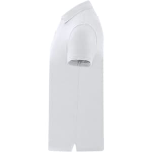 A white polo shirt with short sleeves and a collar, featuring a logo on the front.