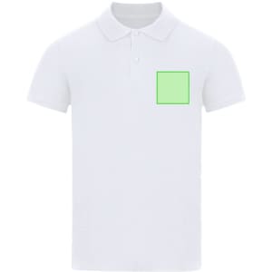 A white polo shirt featuring a collar and a logo area on the chest.