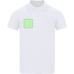 A white polo shirt with a collar and buttons, featuring a logo area on the left side.