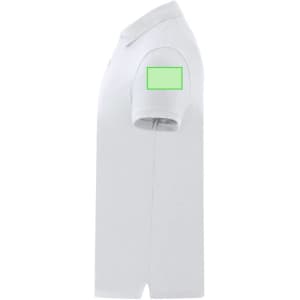 A white polo shirt with a green patch on the sleeve, featuring a classic collar and short sleeves.
