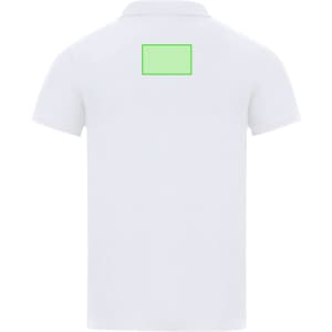 A white polo shirt featuring a collar and a logo area on the back.