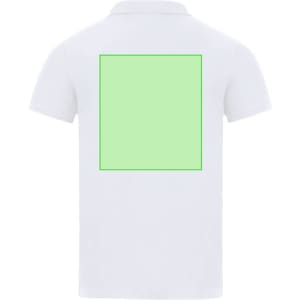 A white polo shirt featuring a large green square on the back and a logo on the front.