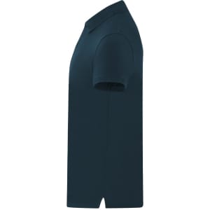 A navy blue polo shirt with a classic collar and short sleeves, featuring a logo on the chest.