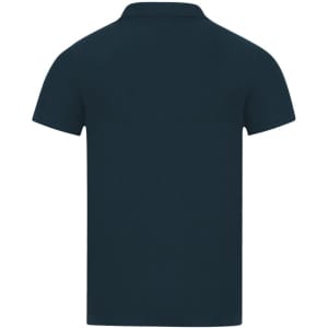 A navy blue polo shirt with a collared neckline and short sleeves. The shirt features a branding logo.