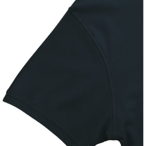 A black polo shirt featuring a short sleeve design and a solid fabric texture. Includes a logo.