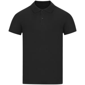 A short-sleeved polo shirt in black with a classic collar and three buttons, featuring a logo.