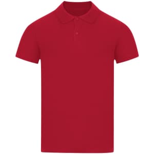 A red polo shirt with a collar and buttons, featuring a logo. Suitable for kids.