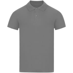 A grey kids' polo shirt featuring a classic collar and short sleeves, with a logo on the chest.