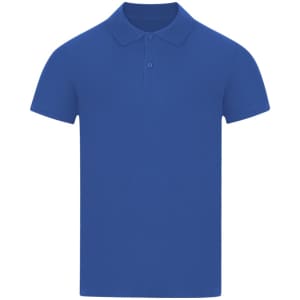A blue polo shirt with a classic collar and short sleeves, featuring a button placket and a logo.