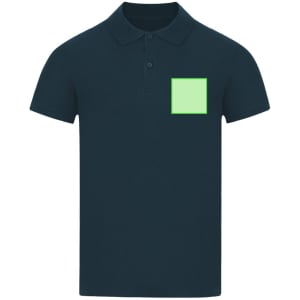A navy polo shirt featuring a green square patch on the front, complete with a collar and short sleeves.