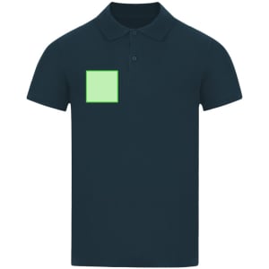 A navy polo shirt featuring a square patch on the chest area. The shirt has a collar and short sleeves.