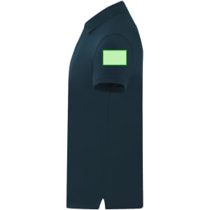A dark navy polo shirt featuring a blank patch on the sleeve for customisation, showcasing a simple and classic design.