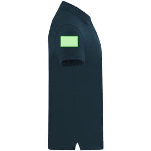 A navy polo shirt with a short sleeve and a logo on the arm. It features a green patch.