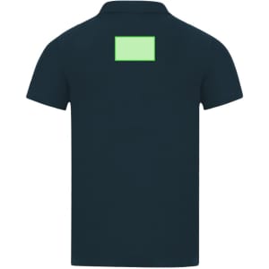 A navy polo shirt with a plain green rectangular section on the back and a logo on the front.