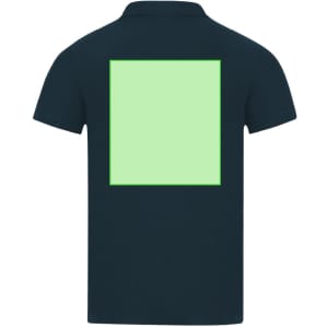 A navy polo shirt featuring a large green square on the back and a logo on the front.