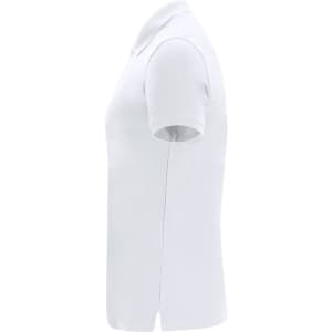 A white polo shirt with a classic collar and short sleeves, featuring a logo.