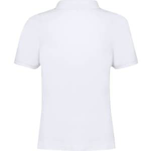 A white polo shirt featuring a classic collar and a simple design, with a logo on the back.