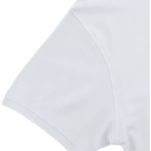 A white polo shirt featuring a short sleeve design and a logo on the upper part.