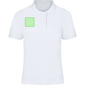 A white women's polo shirt featuring a logo area on the upper left side. Short sleeves and classic collar design.