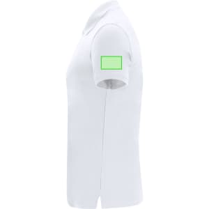 A white women's polo shirt featuring a short sleeve and a logo on the sleeve.