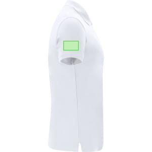 A white women's polo shirt featuring a green square on the sleeve and a classic collar design.