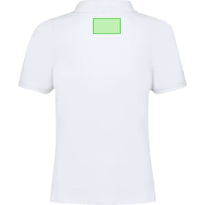 A white women's polo shirt featuring a collar and a logo on the back.