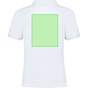A white polo shirt featuring a large green square outline on the back. It has a collar and short sleeves.