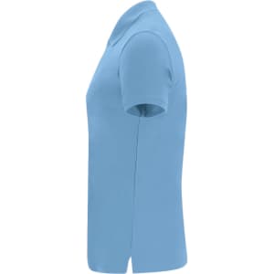 A side view of a women's polo shirt in a vibrant blue colour, featuring a collar and short sleeves.