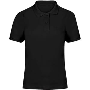 A black women's polo shirt with a collar and three-button placket, featuring a logo on the chest.