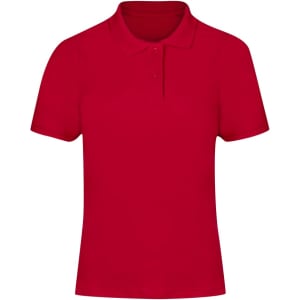 A red polo shirt for women featuring a collar and a logo on the chest.